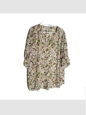 Chaus New York Top Women's 3X Floral V Neck Roll Tab Sleeves Cream Maroon Yellow